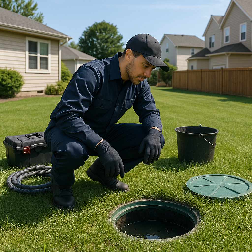 Septic technician inspecting system at a Pearland home